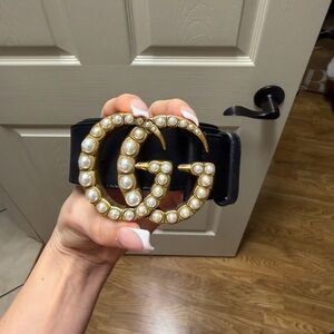 Authentic Gucci Black Leather GG Belt with Pearls and Gold Accent